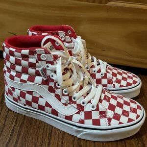 Vans Red and White Checkered High-Top Sneakers (women’s sizing)
